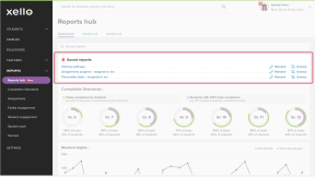 Educator account in Xello. The Reports hub is open and the Saved reports section is highlighted with 3 saved reports.